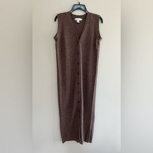TWEEDS Merino Wool Button Down Sleeveless Maxi Dress Duster in Brown, size M